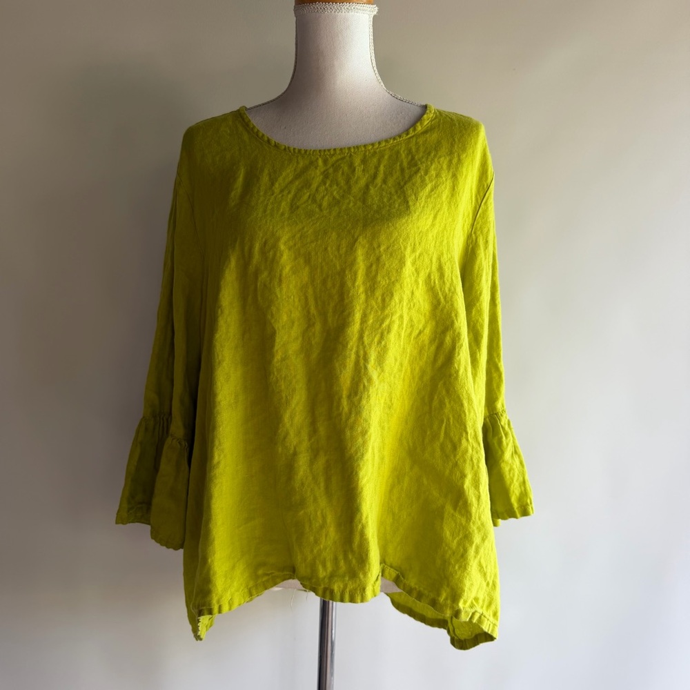 Bryn Walker Chartreuse Linen Bell Sleeve Top - sz XL - Picture 2 of 7